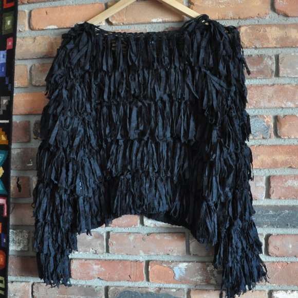 Minkas SHAGGY Black KNIT Ribbon FRINGE CARDIGAN SWEATER XL - Picture 3 of 8